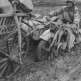 Привязанный к телеге застрявший в грязи на Восточном фронте мотоцикл BMW R-12 дивизии СС «Рейх» Фото